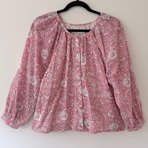 Emerson Fry India Collection Pink Block Print Cotton Boho Blouse Lined Poet XS